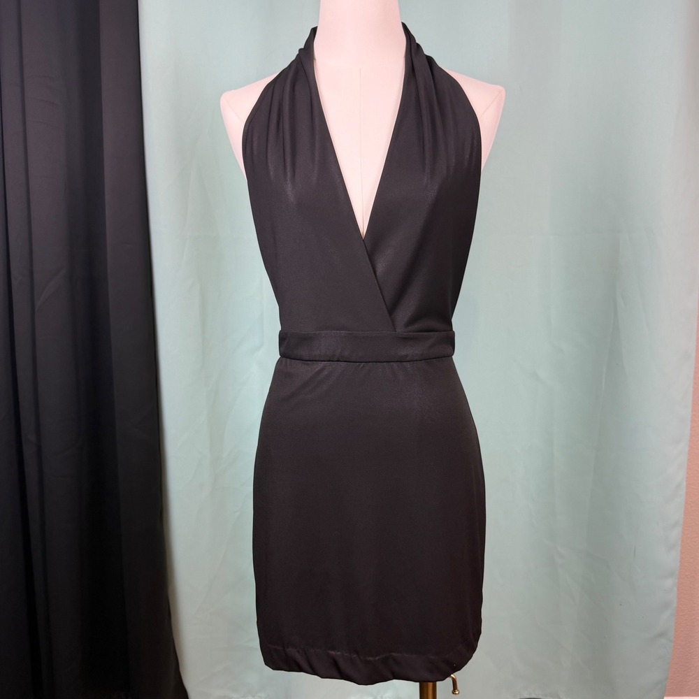 Bebe Halter Open Back Mini Dress Black 6 Cocktail Party Sexy LBD Bodycon Glam